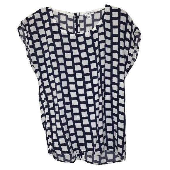 SPLENDID - Navy Blue & White Window Pane Cap Sleeve Buttoned Back Top - Size XS - Picture 2 of 7